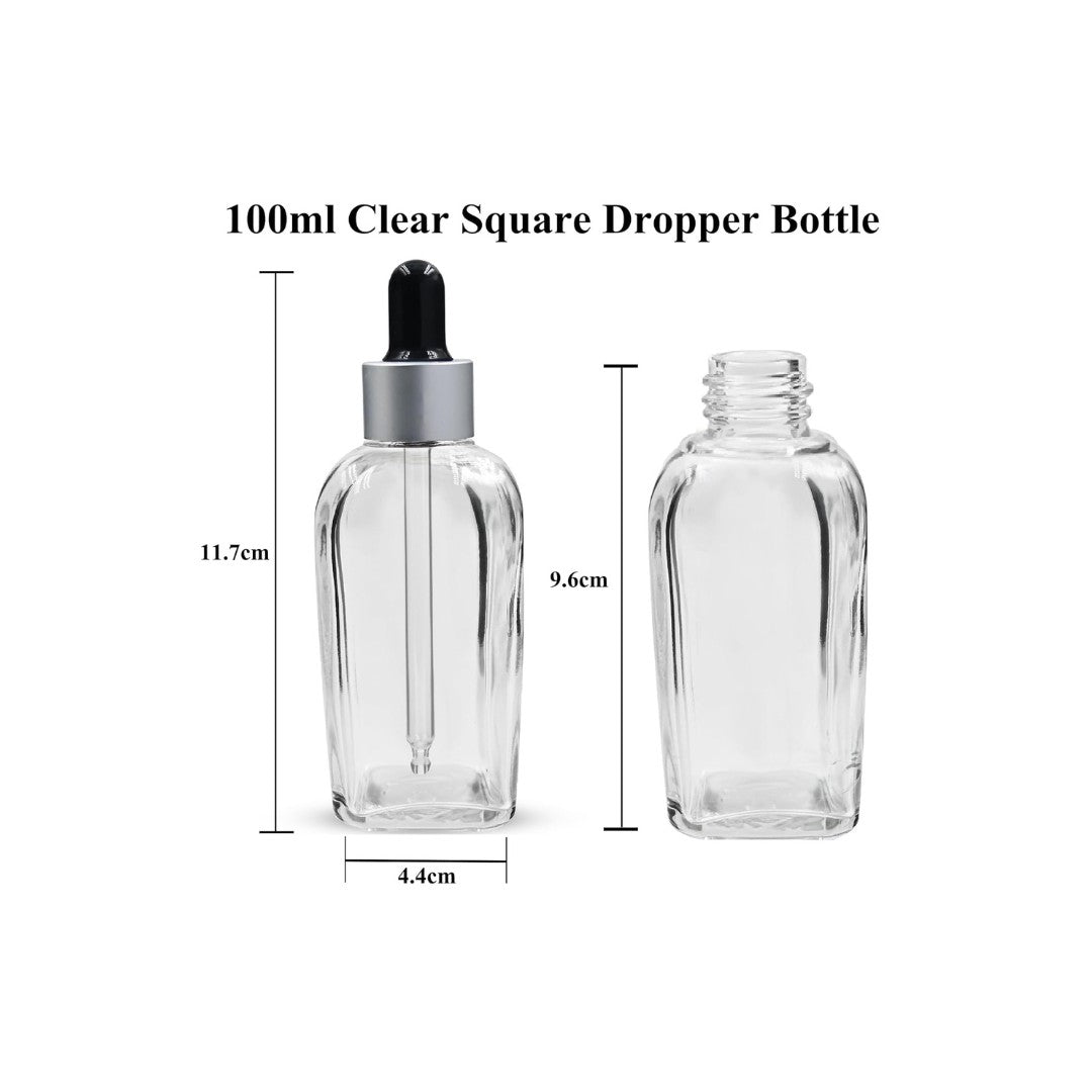 Clear Square Glass Dropper Bottle with Silver Matte Sleeve