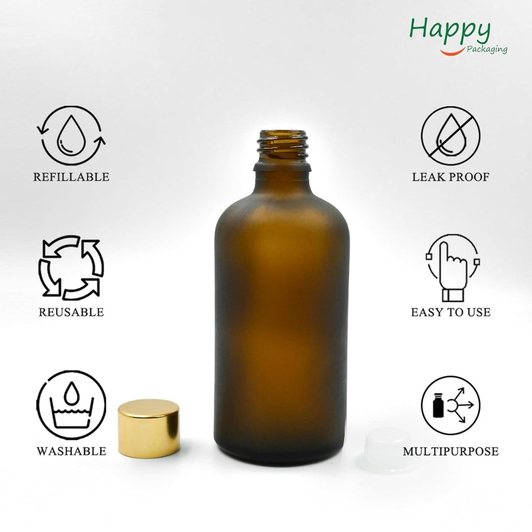 Amber Round Frosted Glass Bottle with Screw Cap and Inner Plug