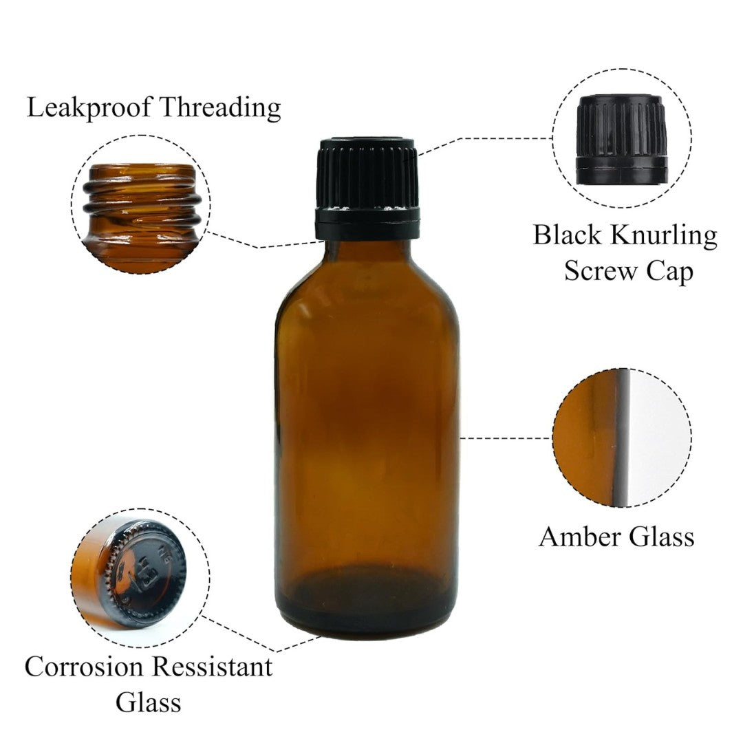 Amber Round Empty Glass Bottle With Knurling Screw cap & Inner plug