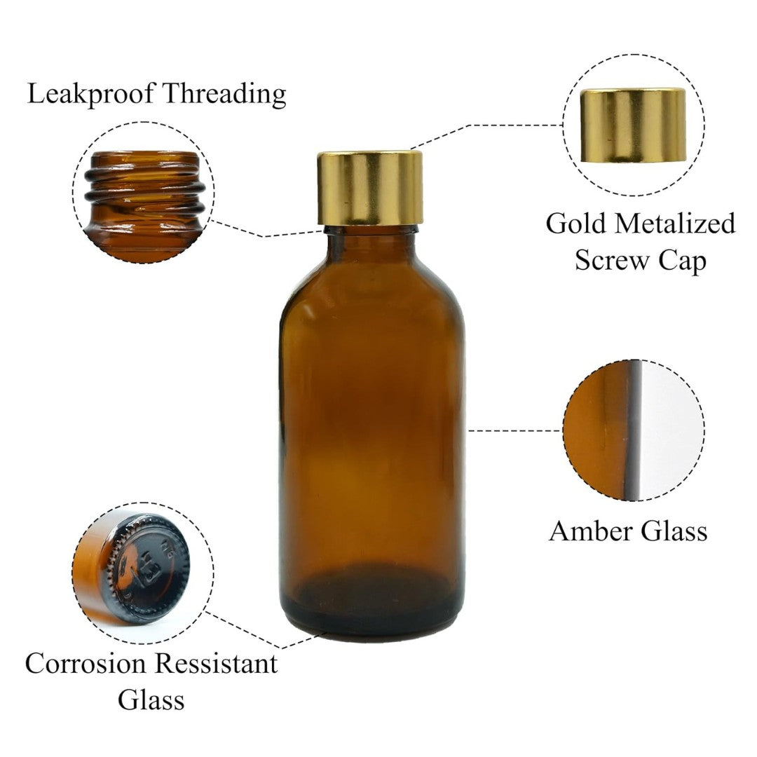 Amber Round Empty Glass Bottle With Screw cap and Inner plug