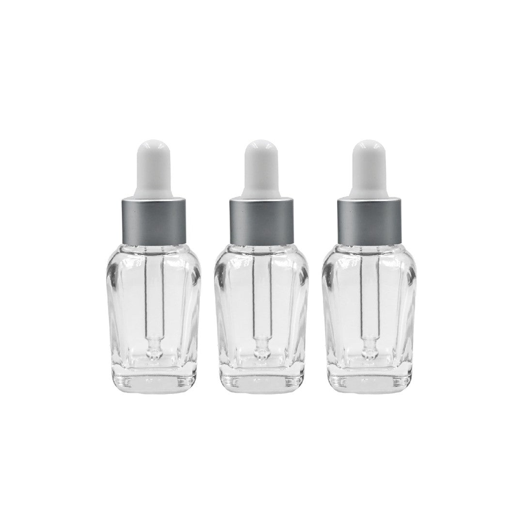 Clear Square Glass Dropper Bottle with Silver Matte Sleeve