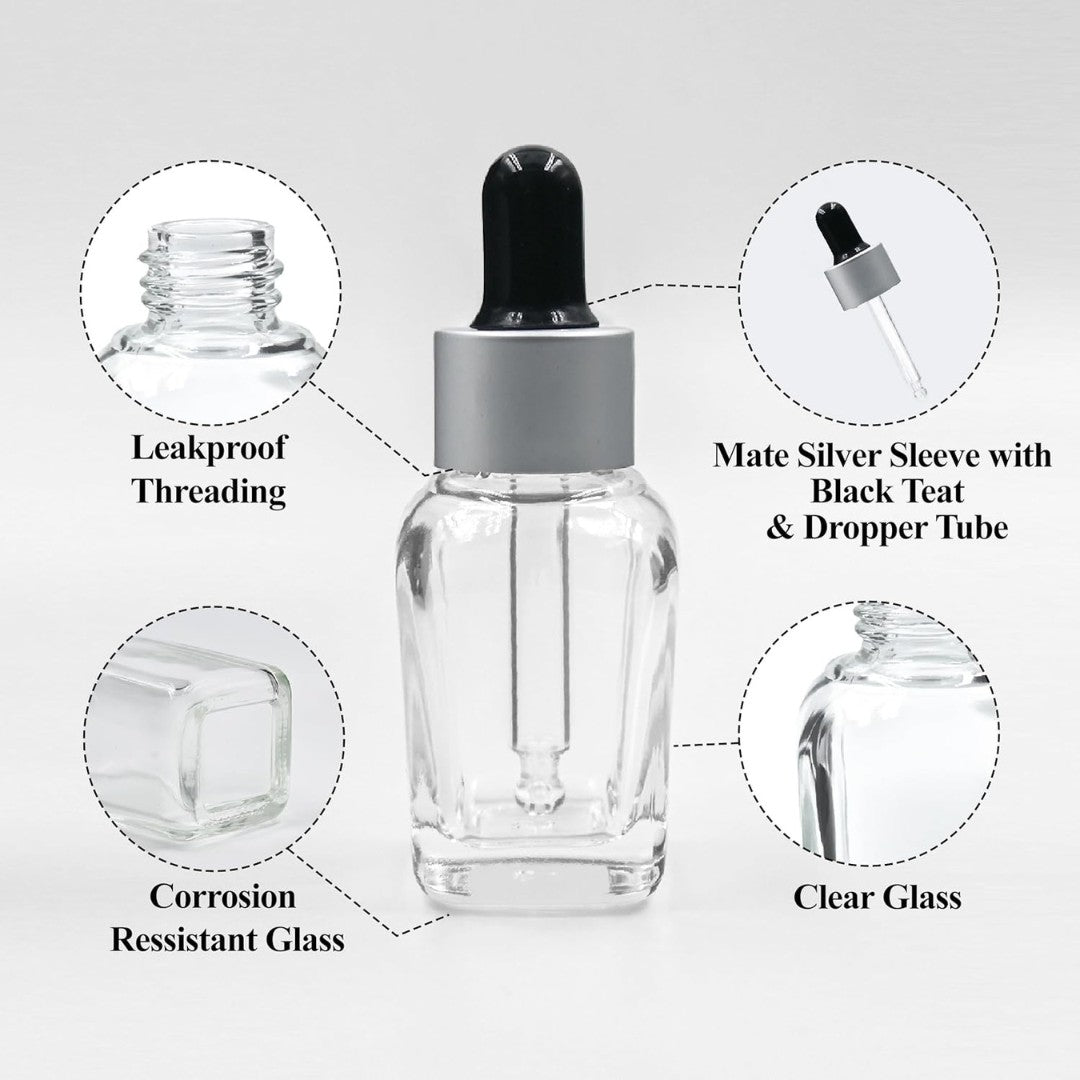 Clear Square Glass Dropper Bottle with Silver Matte Sleeve