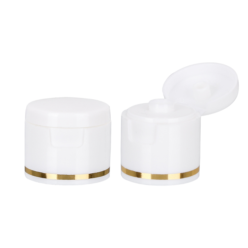 Small White Glossy Flip-Top PET Bottle Caps with Gold Ring