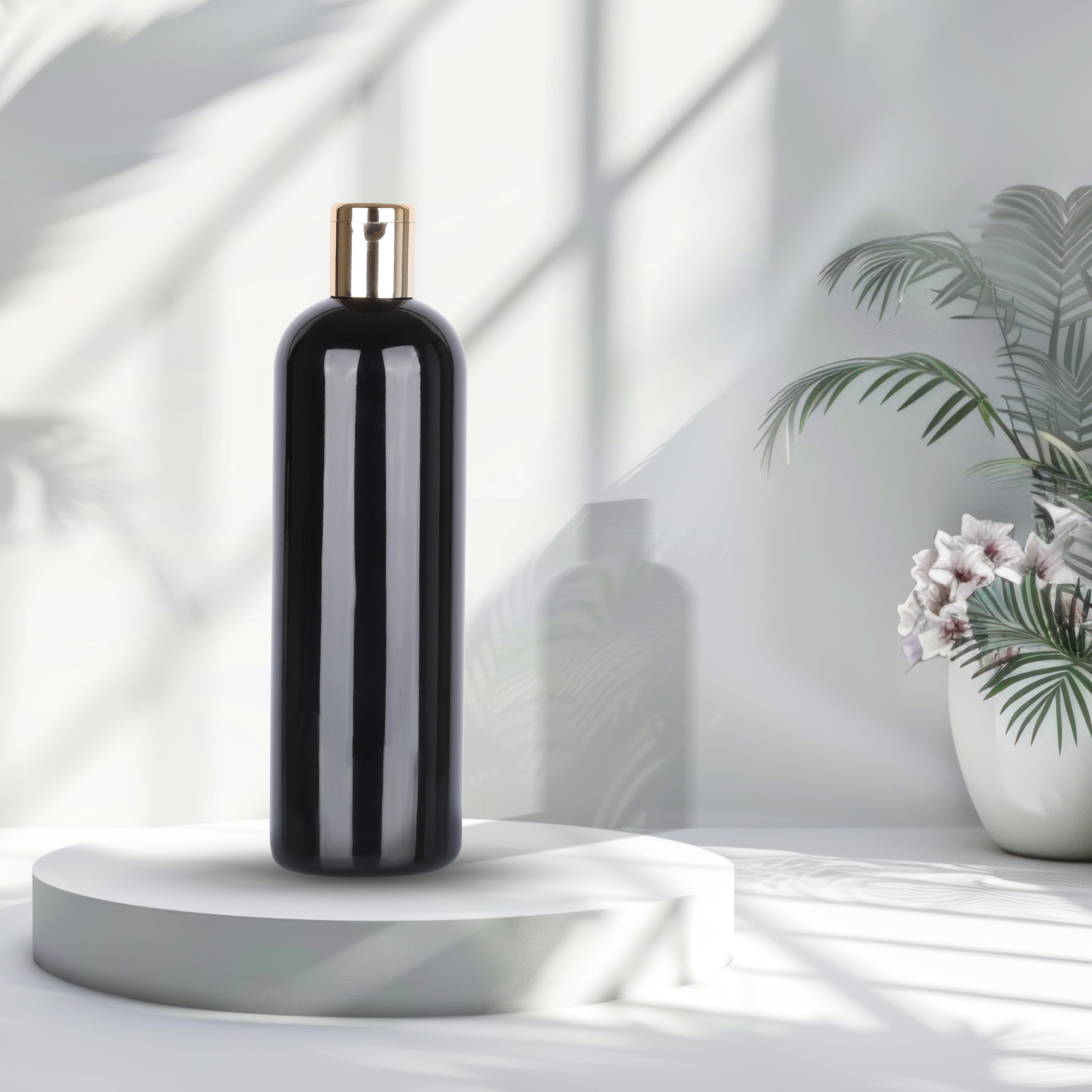 Black Empty Round PET Bottles With Black Flip Top Cap