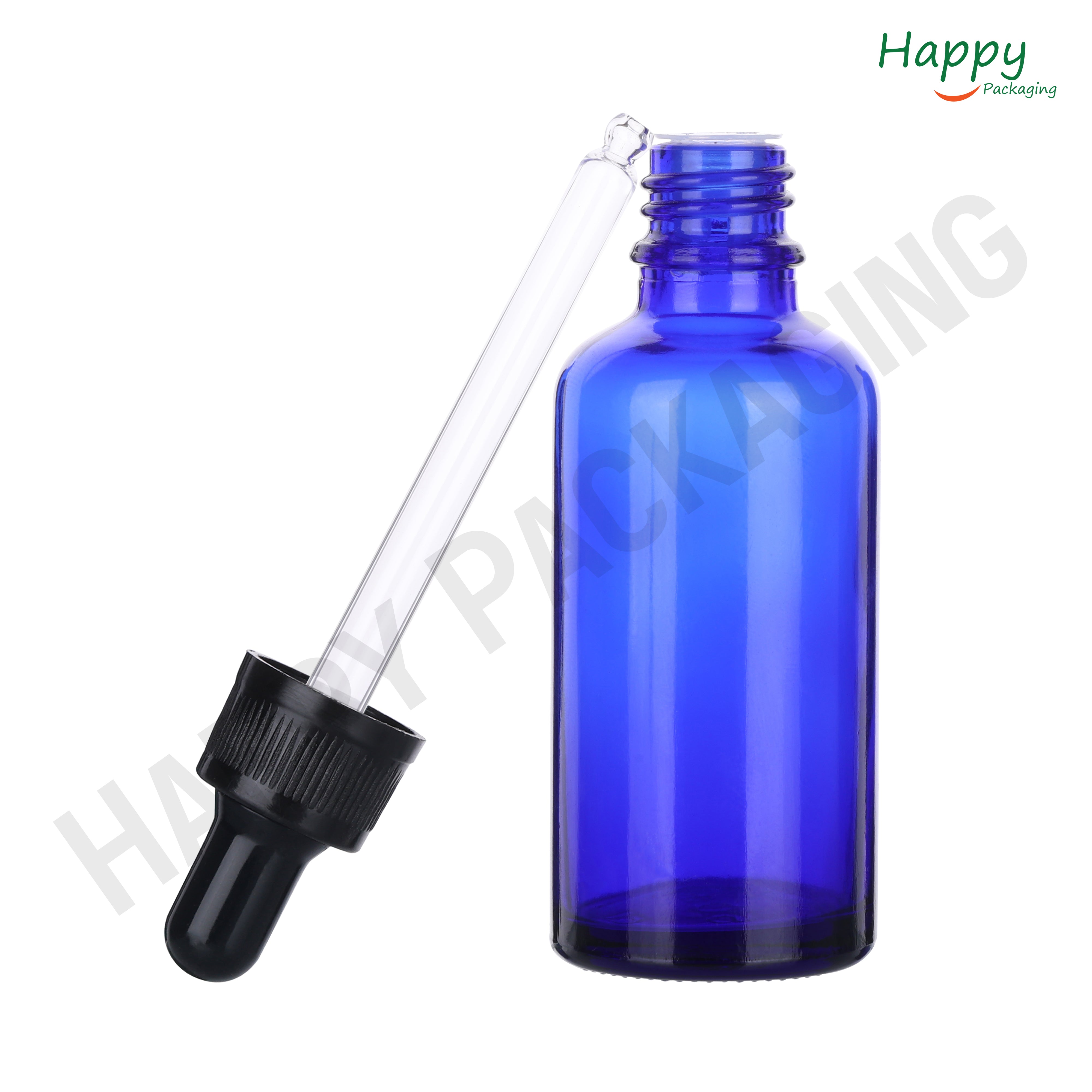 Blue Round Glass Dropper Bottle with Black Silicone Teat
