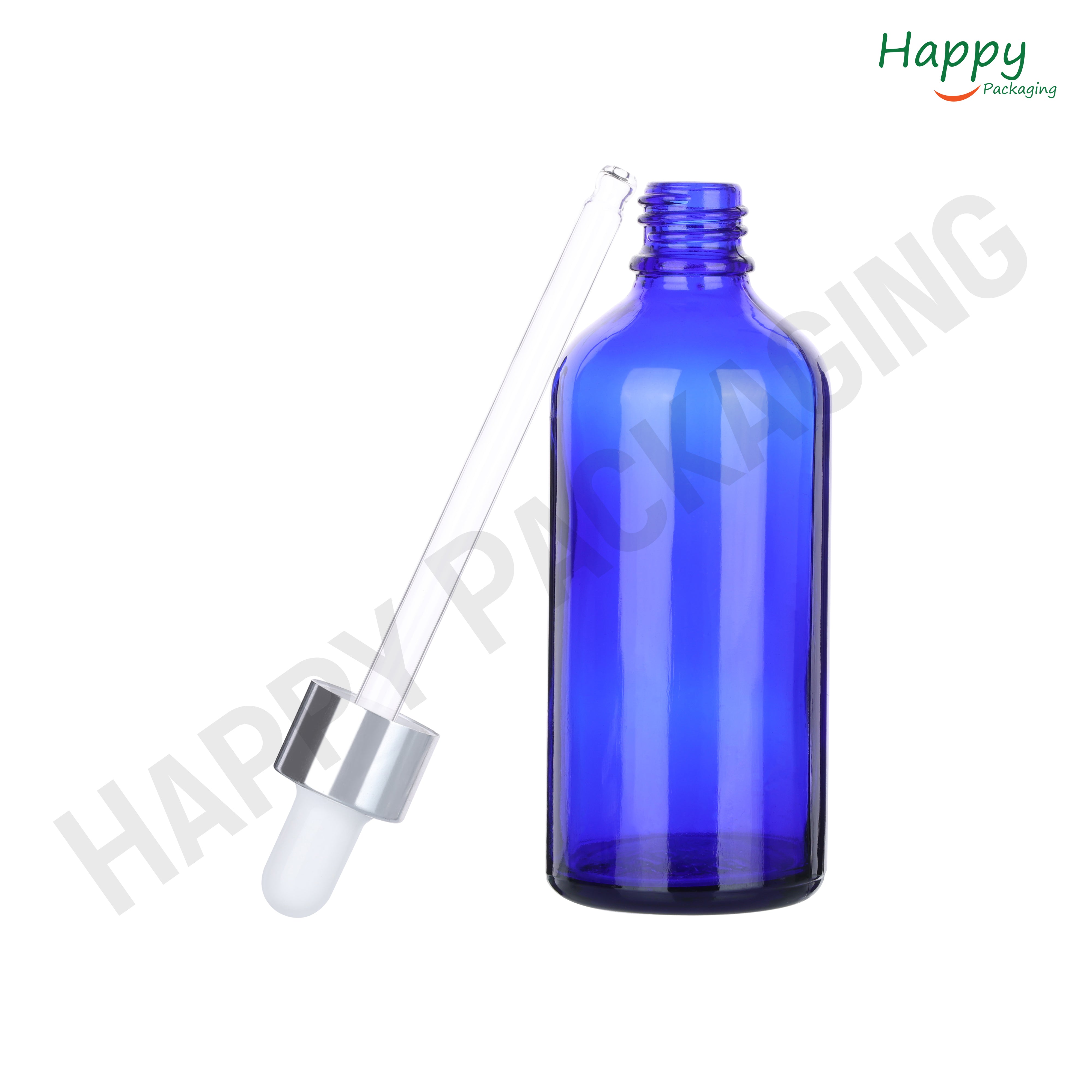 Blue Round Glass Dropper Bottle with White Silicone Teat