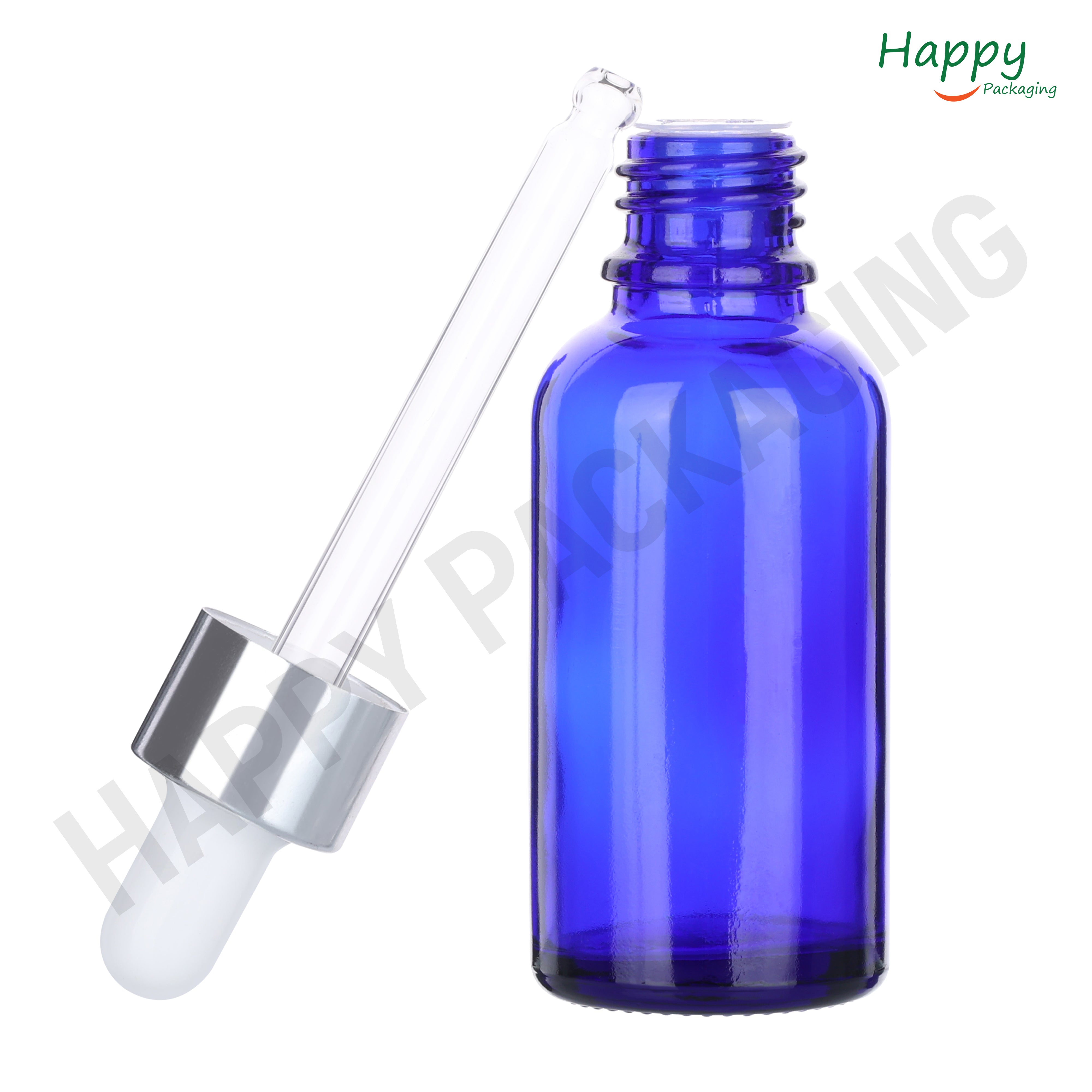 Blue Round Glass Dropper Bottle with White Silicone Teat