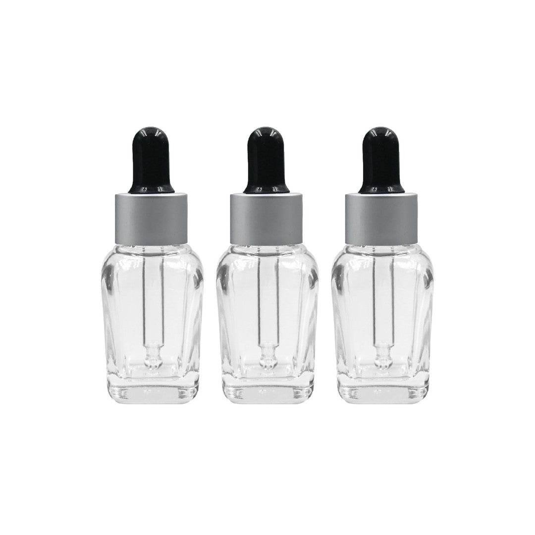 Clear Square Glass Dropper Bottle with Silver Matte Sleeve