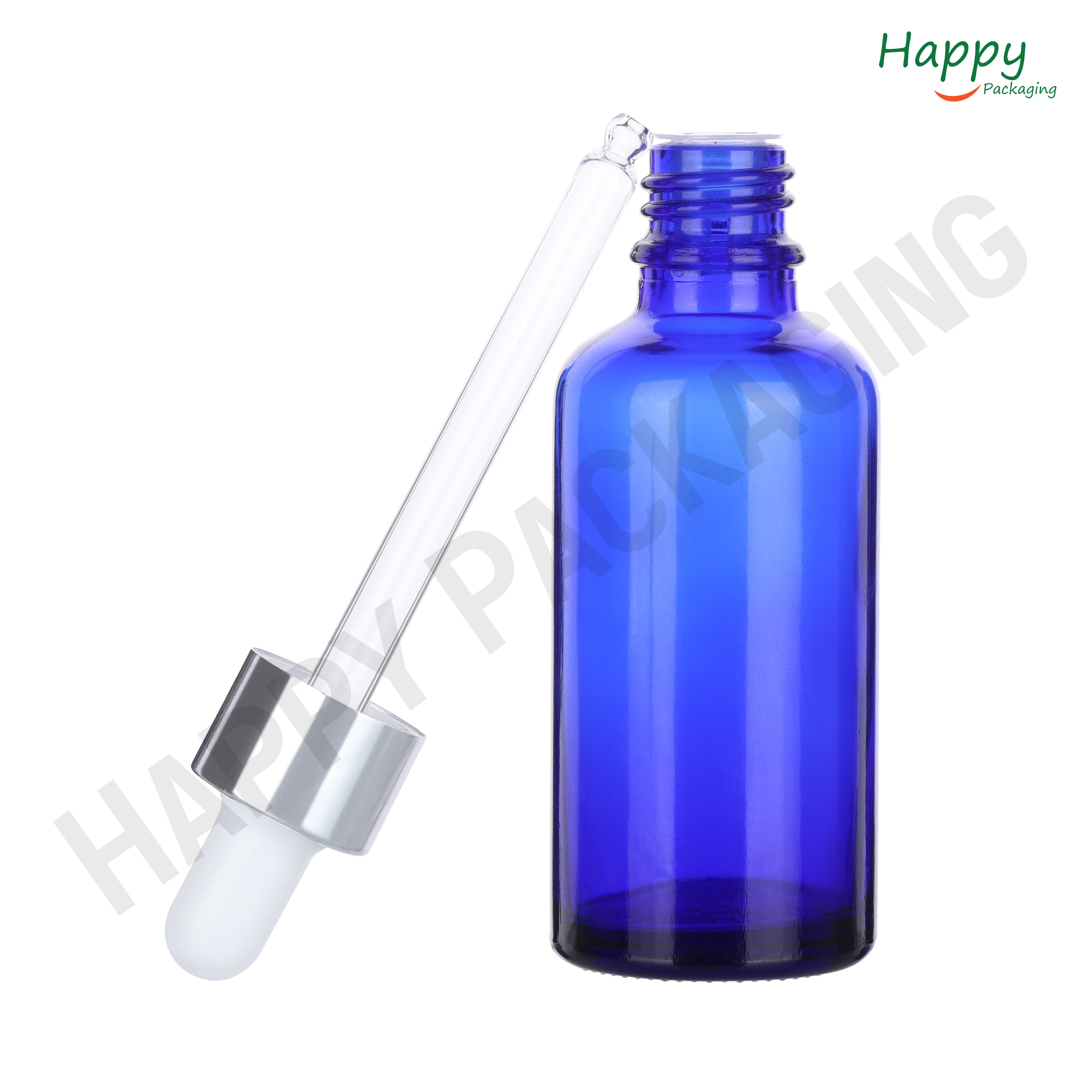 Blue Round Glass Dropper Bottle with White Silicone Teat