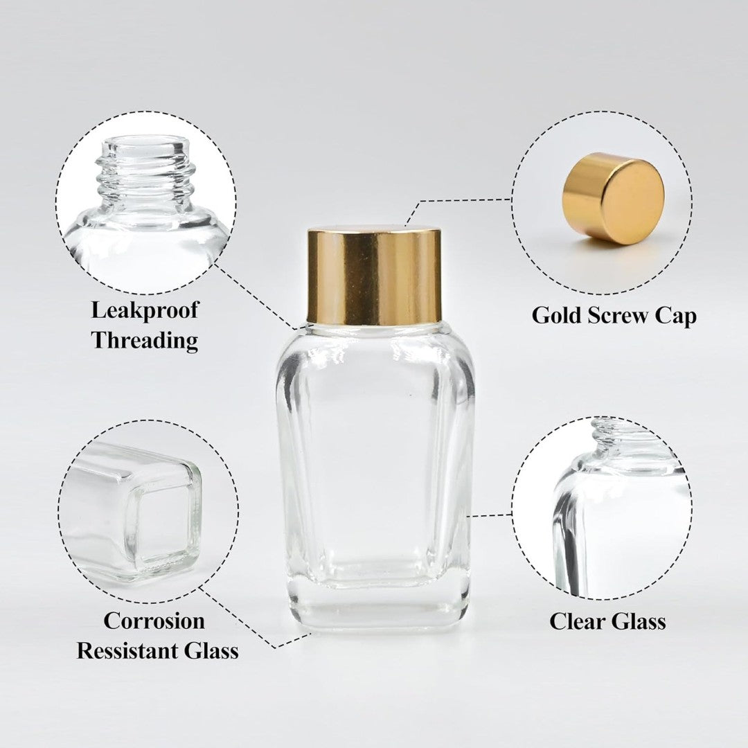 Clear Square Empty Glass Bottle with Euro Plug & Gold Screw cap