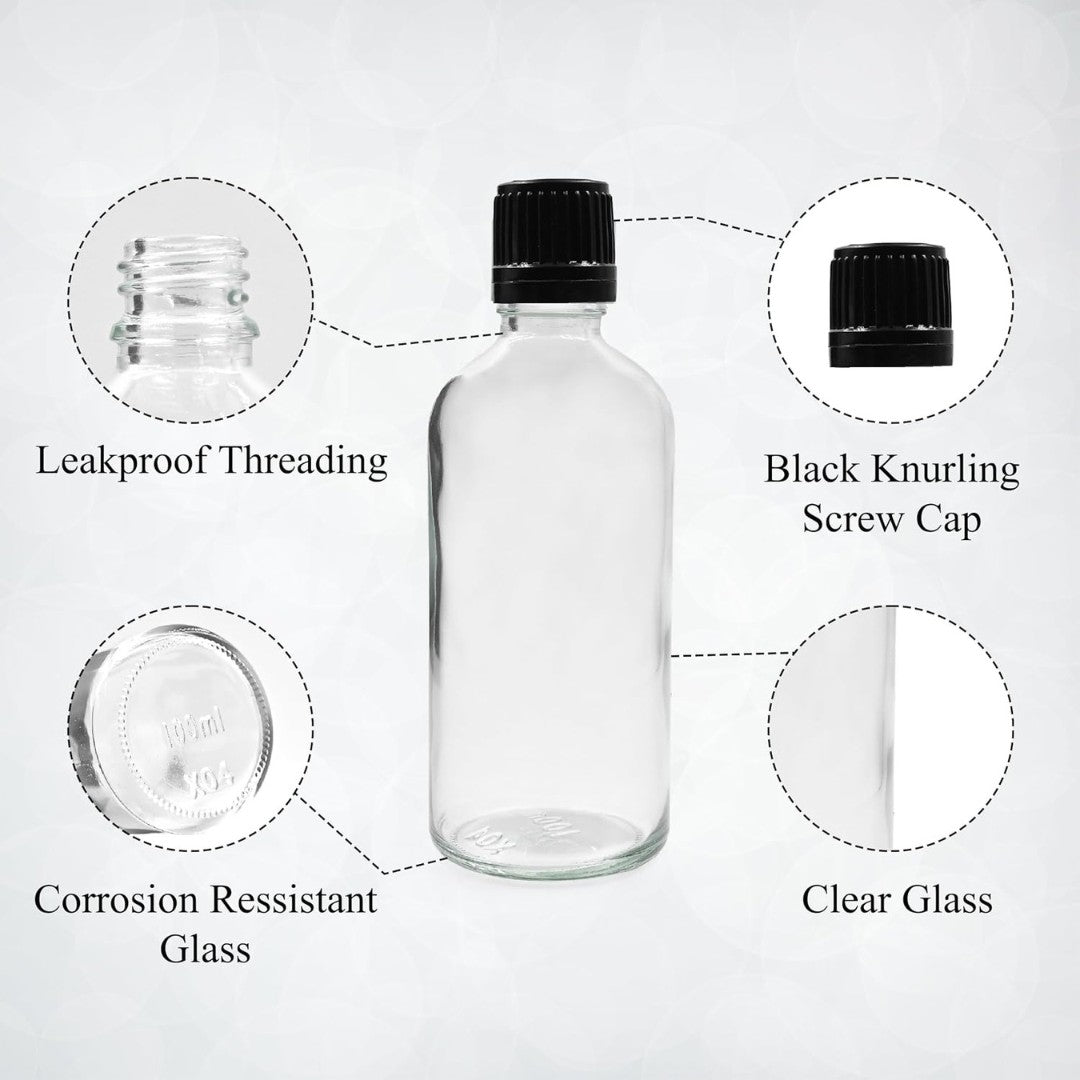 Clear Round Empty Glass Bottle with Screw Cap & Inner Plug