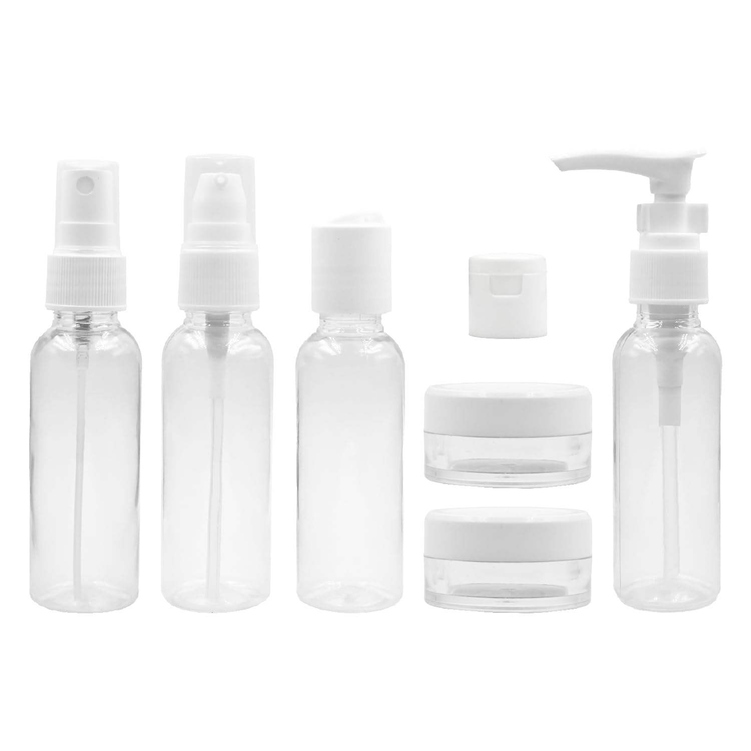 7-Pcs Travel Bottles Kit, Portable Refillable Toiletry Containers Set, Leak Proof Cosmetic Containers for Lotion | Shampoo | mist spray and Jars for Cream Total (4 bottles)