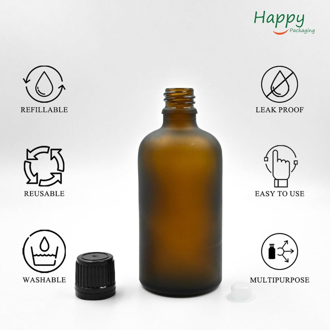 Amber Round Frosted Glass Bottle with Knurling Screw Cap and Inner Plug