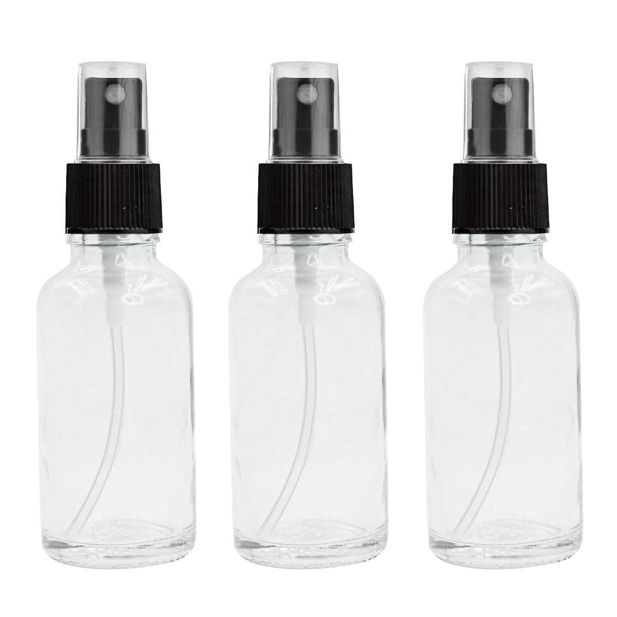 Clear Round Empty Glass bottle With Black Mist Spray and Over Cap