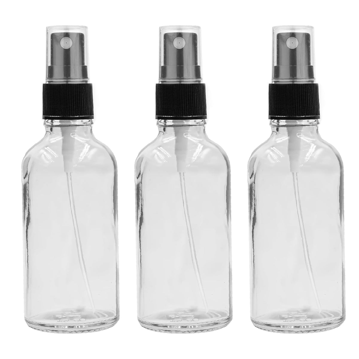 Clear Round Empty Glass bottle With Black Mist Spray and Over Cap