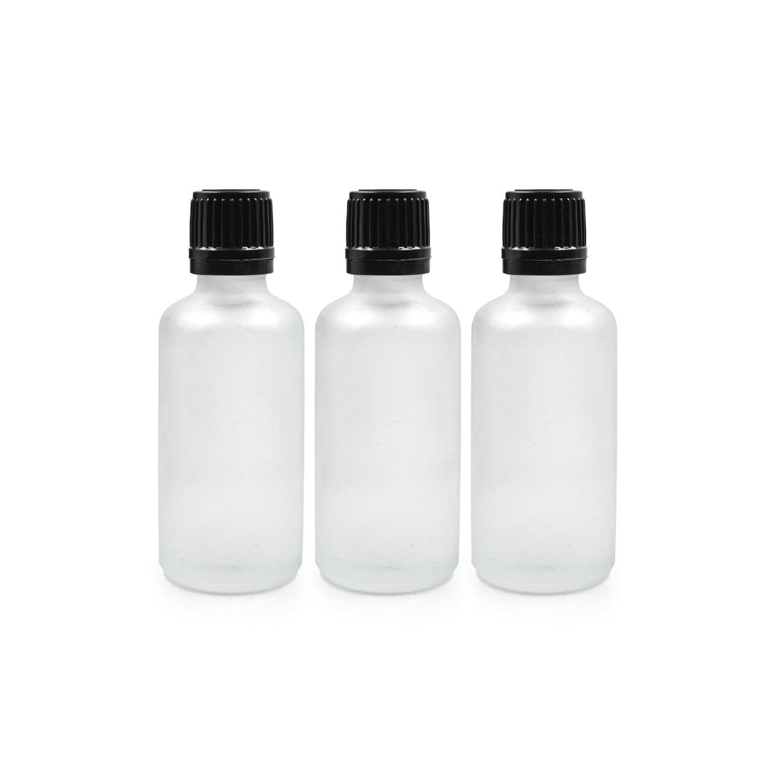 Clear Frosted Round Empty Glass Bottle with Knurling Screw Cap & Inner Plug