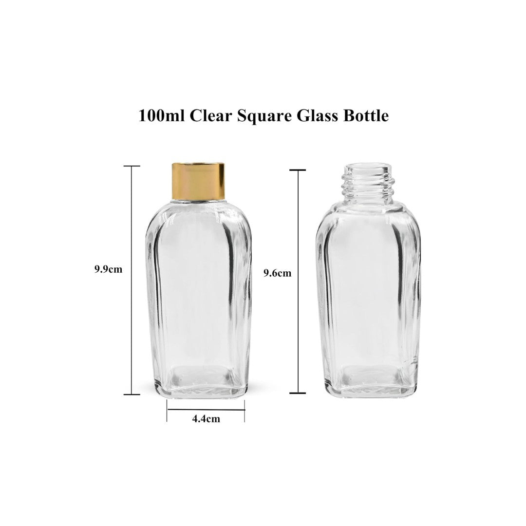 Clear Square Empty Glass Bottle with Euro Plug & Gold Screw cap