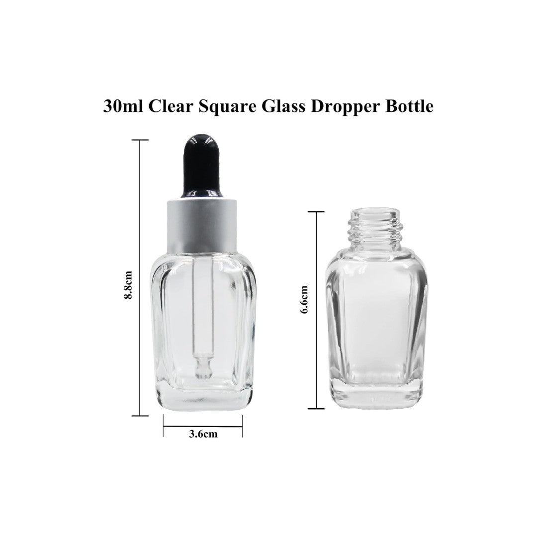 Clear Square Glass Dropper Bottle with Silver Matte Sleeve