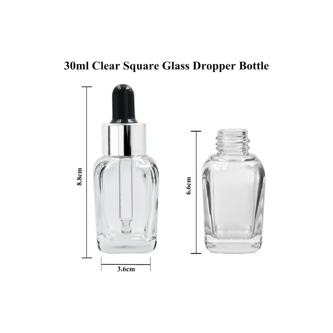 Clear Square Glass Dropper Bottle with Black Silicone Teat
