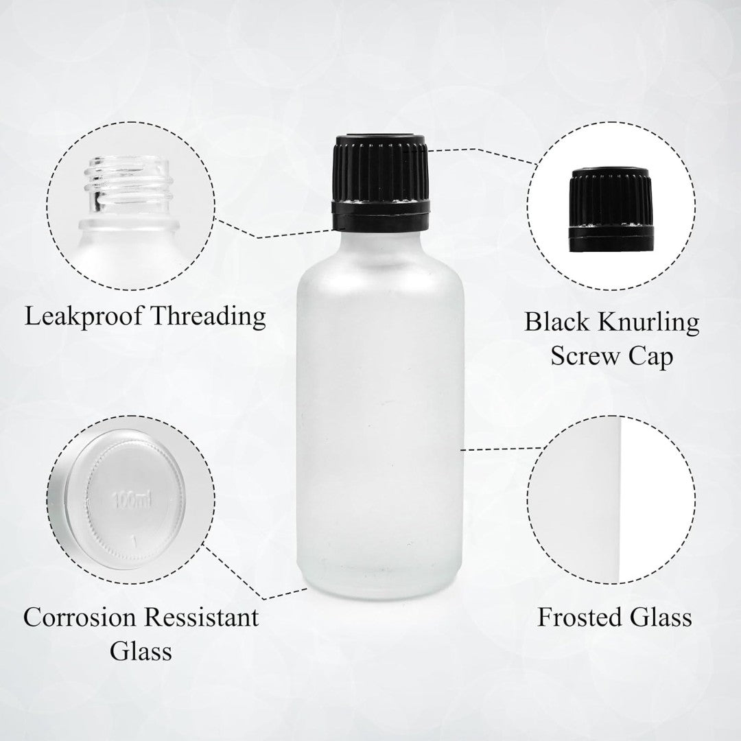 Clear Frosted Round Empty Glass Bottle with Knurling Screw Cap & Inner Plug