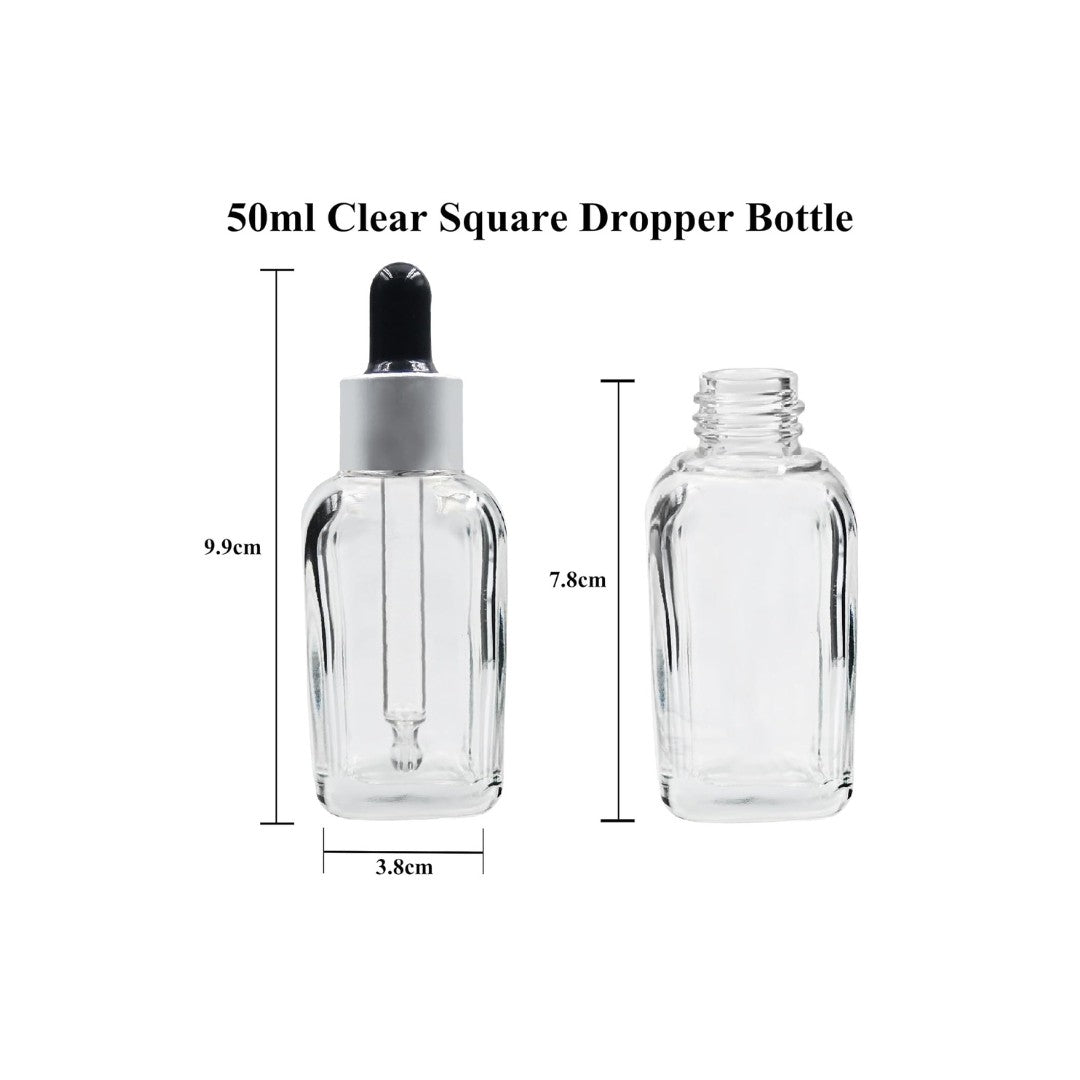 Clear Square Glass Dropper Bottle with Silver Matte Sleeve