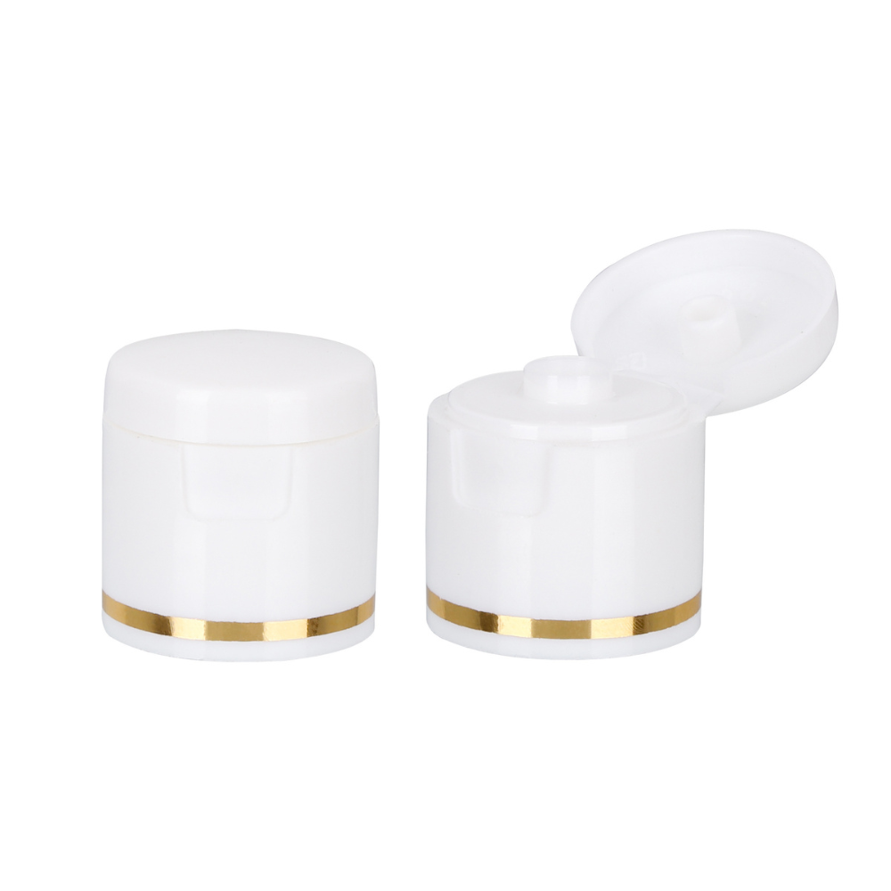 White Glossy Flip-Top PET Bottle Caps with Gold Ring
